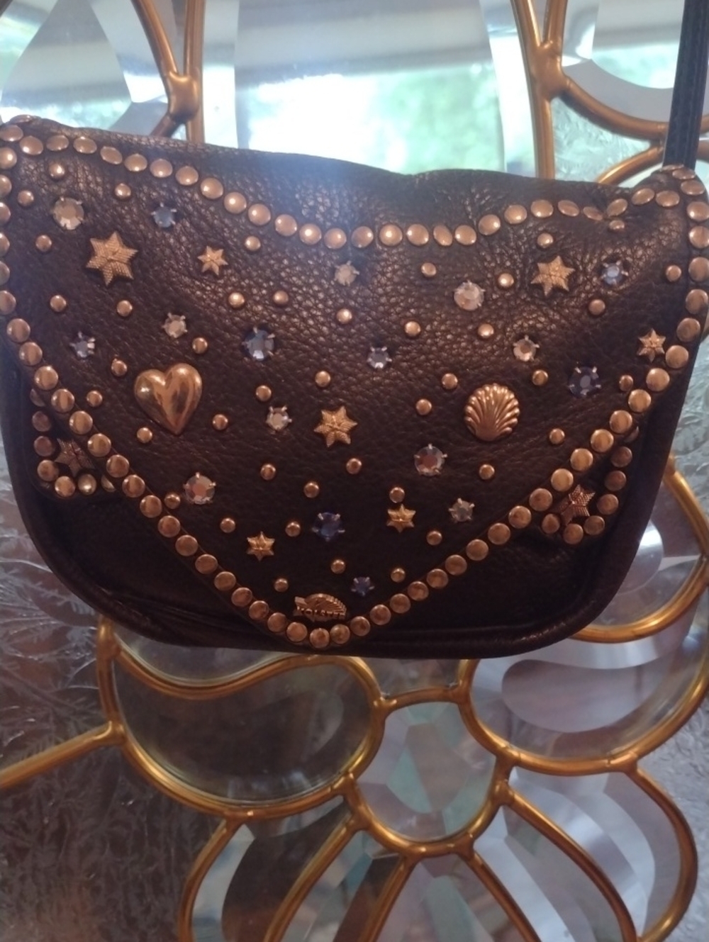 Studded Black Crossbody Bag with Star & Heart Accents - Picture 3 of 11